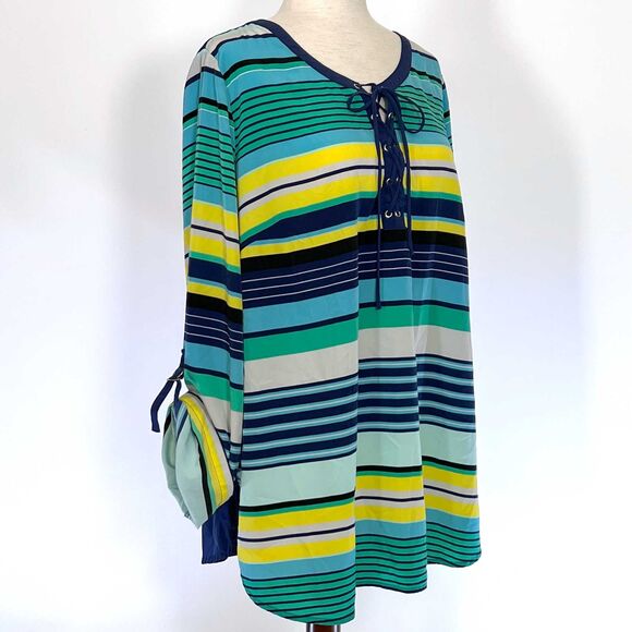 Lane Bryant Plus Size Lace-Up Striped Top 18W Blue Yellow - Picture 4 of 8